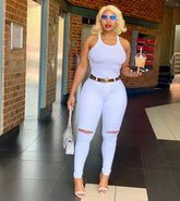 Women's White High Waist Ripped Jeans Fashion Slim Stretch Denim