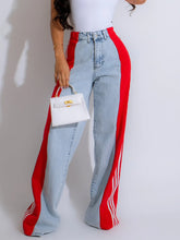 Women'S Denim Pants Summer Fashion Side Patchwork Striped Wide Leg Jeans Lady Casual High Waist Elastic Denim Straight Leg Pants