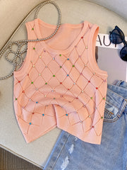 Colorful Rhinestone Knitted Tank Top Casual Crew Neck Sleeveless