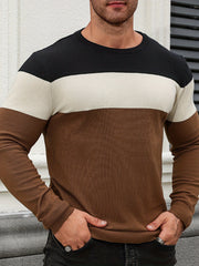All Match Knitted Color Block Sweater, Men's Casual Warm High Stretch Crew Neck Pullover Sweater For Men Fall Winter