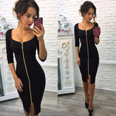 Bigsweety Pencil Tight Bodycon Sheath Long Sleeve Zipper Dress