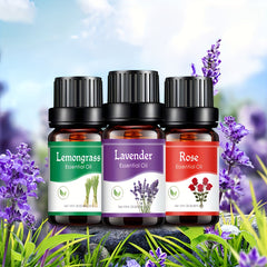 10ml Essential Oil Set - Relaxing Lavender, Uplifting Lemongrass, Romantic Rose - Fragrance Oils for Diffuser, Humidifier - Nourishing Skin and Hair, All Skin Types, Alcohol-Free, For Home, Bathroom, Office Use