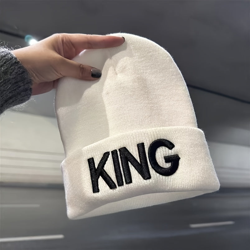 1pcms King & Queen Embroidered Knitted Hat for Men, Fashionable Gift