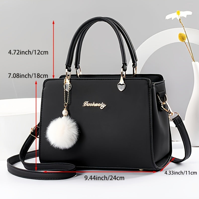 Solid Color Faux Leather Shoulder Bag - Detachable Strap, Zip Closure, Multi-Layer Crossbody Design, Polyester Lining, Fade-Resistant, Pom-Pom Pendant - The Perfect Holiday Gift for Valentine'S Day, Mother'S Day