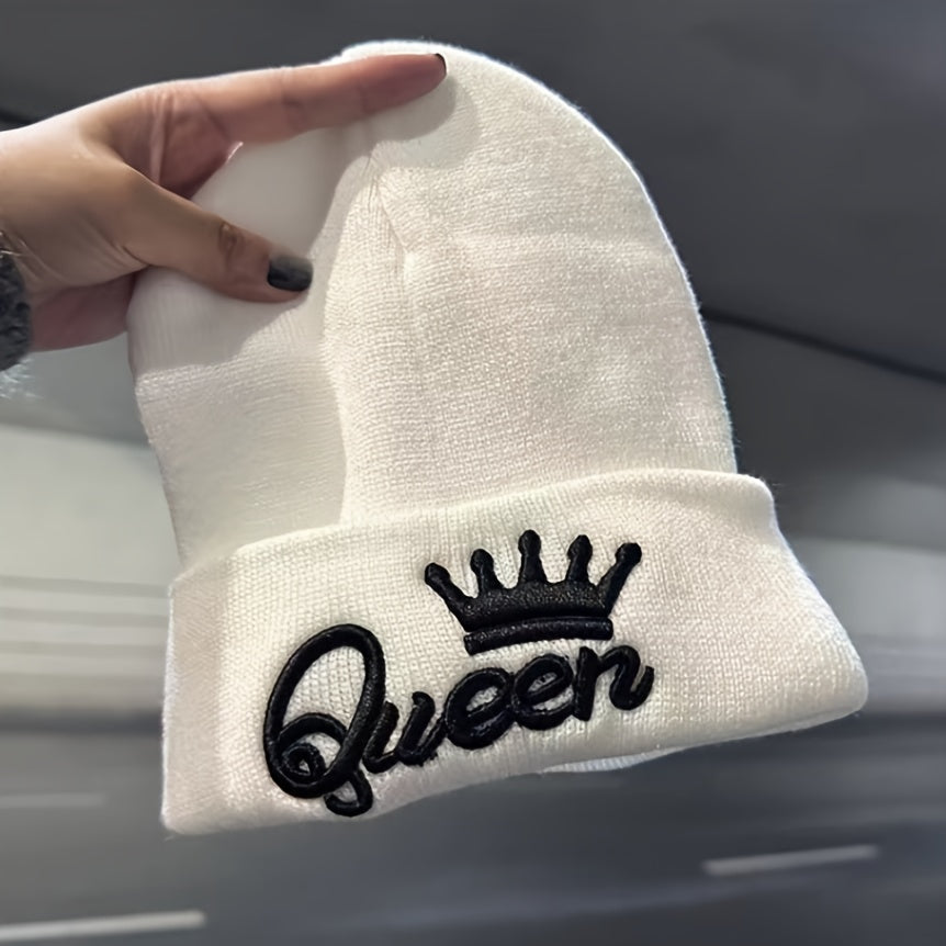 1pcms King & Queen Embroidered Knitted Hat for Men, Fashionable Gift