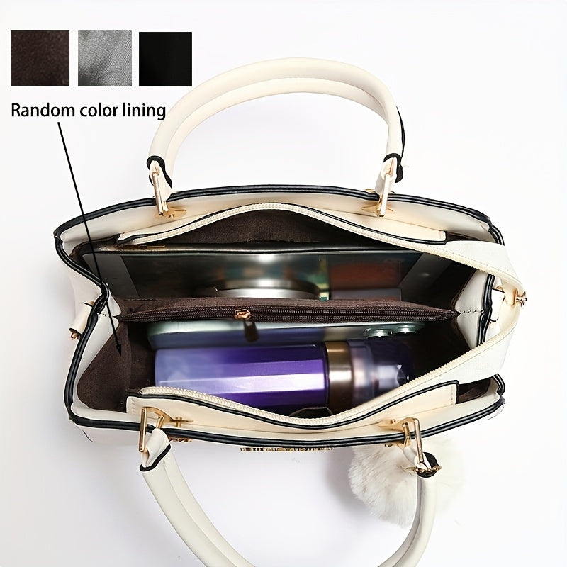 Solid Color Faux Leather Shoulder Bag - Detachable Strap, Zip Closure, Multi-Layer Crossbody Design, Polyester Lining, Fade-Resistant, Pom-Pom Pendant - The Perfect Holiday Gift for Valentine'S Day, Mother'S Day