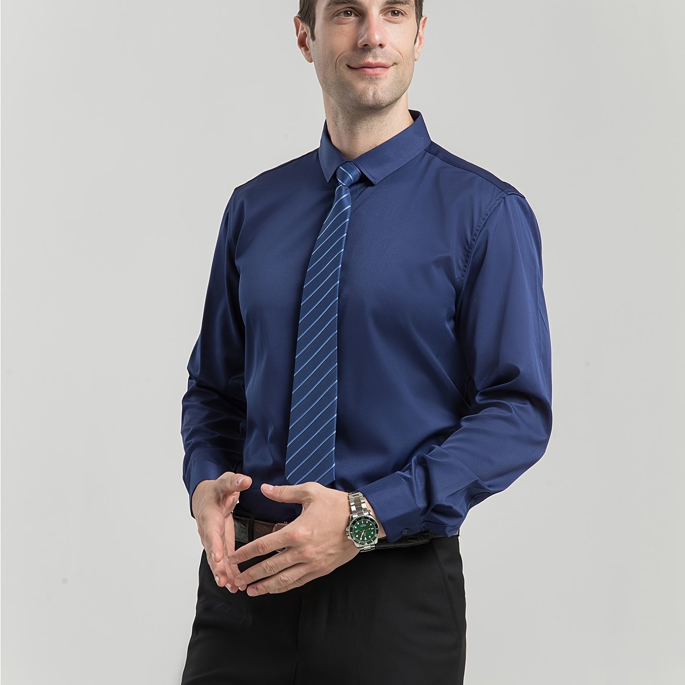 Men'S Stretch Slim-Fit Formal Shirt Without Pockets, Light Business Turn- Collar Long-Sleeved Shirt, Men'S Business Shirt, Wrinkle-Resistant And Durable Solid Color Formal Long-Sleeved Shirt with Buttons And Pockets, Suitable