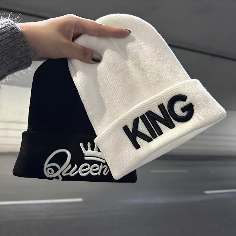1pcms King & Queen Embroidered Knitted Hat for Men, Fashionable Gift