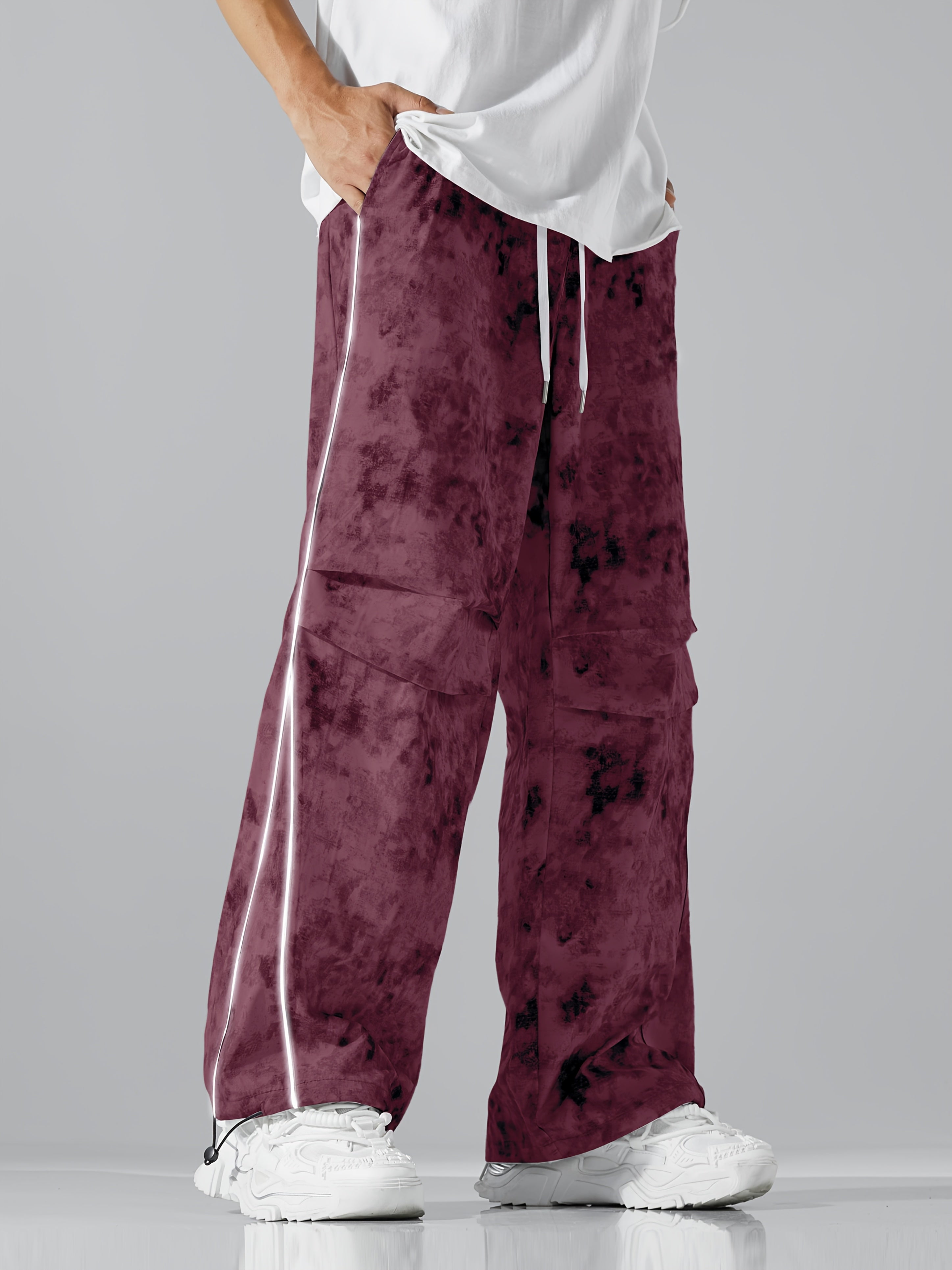 All-Season Digital Print Fashionable Loose Straight-Leg Cargo Pants, Dirty Pants, Sports Pants, Umbrella Pants, Motorcycle Casual Pants, Breathable, Wrinkle-Resistant, Smooth Texture, Reflective Strap Design, Elastic Drawstri