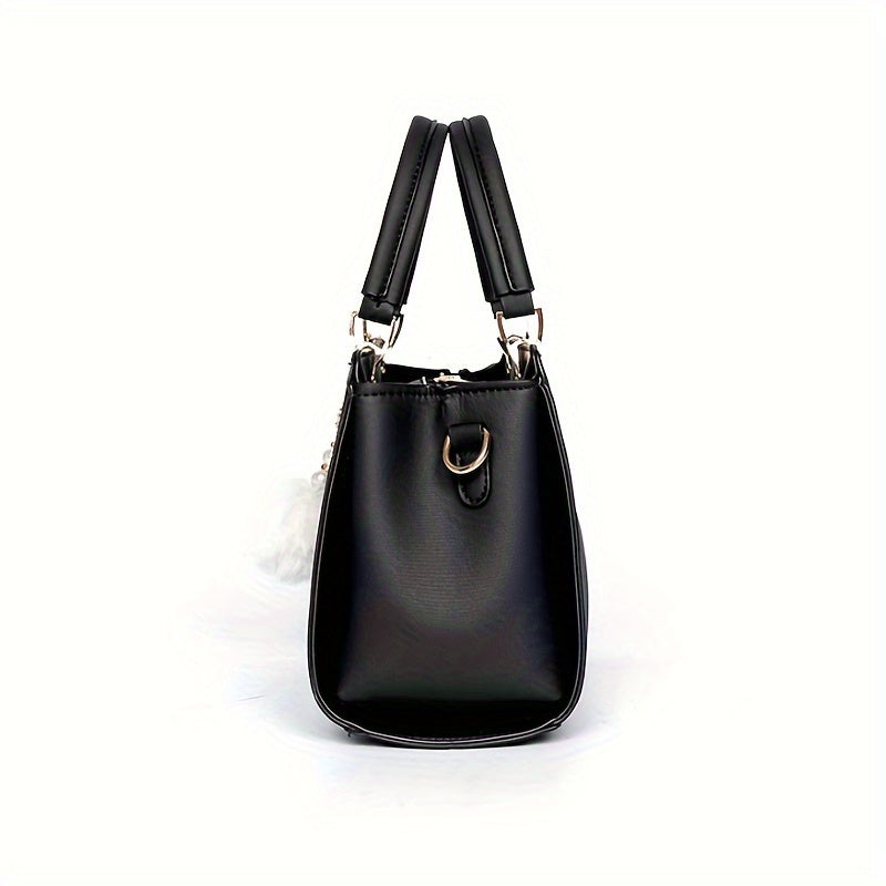 Solid Color Faux Leather Shoulder Bag - Detachable Strap, Zip Closure, Multi-Layer Crossbody Design, Polyester Lining, Fade-Resistant, Pom-Pom Pendant - The Perfect Holiday Gift for Valentine'S Day, Mother'S Day