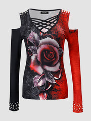 Women's Floral Print Color Block T-Shirt, Casual V-Neck Long Sleeve T-Shirt, Casual Every Day Tops, Women's Clothing