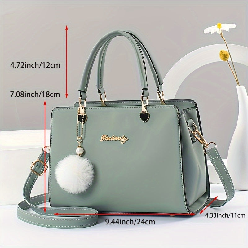 Solid Color Faux Leather Shoulder Bag - Detachable Strap, Zip Closure, Multi-Layer Crossbody Design, Polyester Lining, Fade-Resistant, Pom-Pom Pendant - The Perfect Holiday Gift for Valentine'S Day, Mother'S Day
