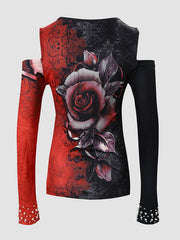 Women's Floral Print Color Block T-Shirt, Casual V-Neck Long Sleeve T-Shirt, Casual Every Day Tops, Women's Clothing