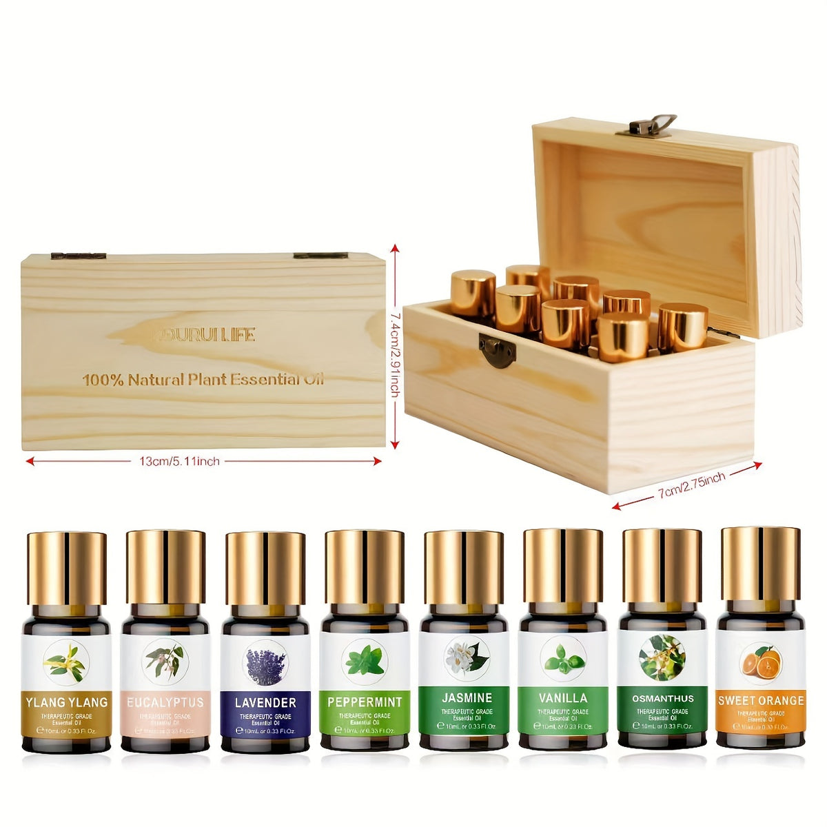 Essential Oil Set, Essential Oil 8*0.34oz Wooden Box Set, Essential Oil Set (lavender, Mint, Vanilla, Sweet Orange, Jasmine, Eucalyptus, Ylang Ylang, Osmanthus