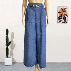 High Waist Solid Color Wide Leg Pants Summer Chic Loose Elegant Metal Flared Pant