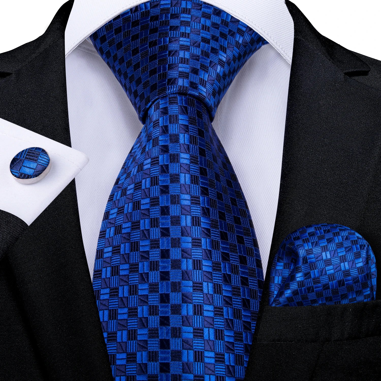 Luxury Blue Plaid Dot Ties For Men Solid Wedding Accessories Neck Tie Handkerchief Cufflinks Set Gravatas Mens Gift DiBanGu