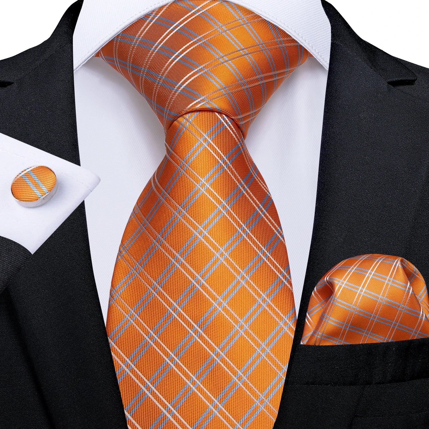 Luxury Blue Plaid Dot Ties For Men Solid Wedding Accessories Neck Tie Handkerchief Cufflinks Set Gravatas Mens Gift DiBanGu
