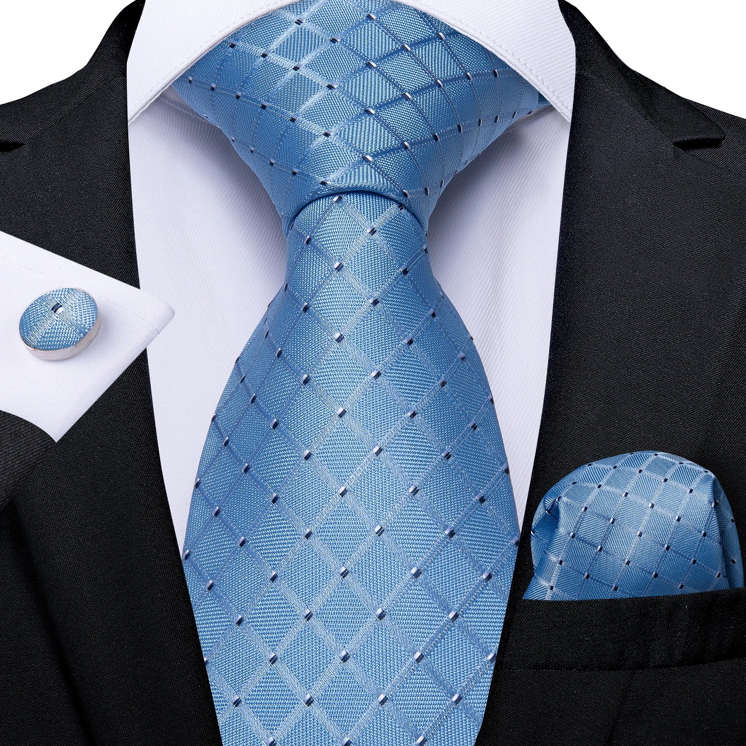 Luxury Blue Plaid Dot Ties For Men Solid Wedding Accessories Neck Tie Handkerchief Cufflinks Set Gravatas Mens Gift DiBanGu