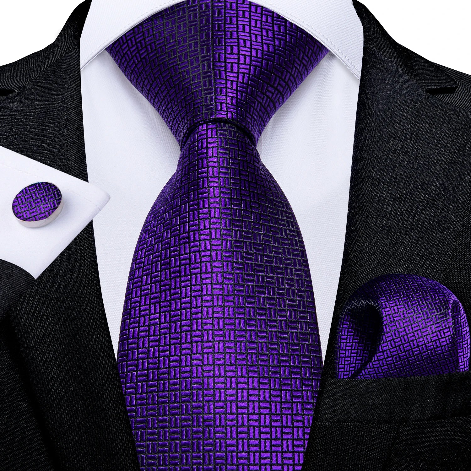 Luxury Blue Plaid Dot Ties For Men Solid Wedding Accessories Neck Tie Handkerchief Cufflinks Set Gravatas Mens Gift DiBanGu