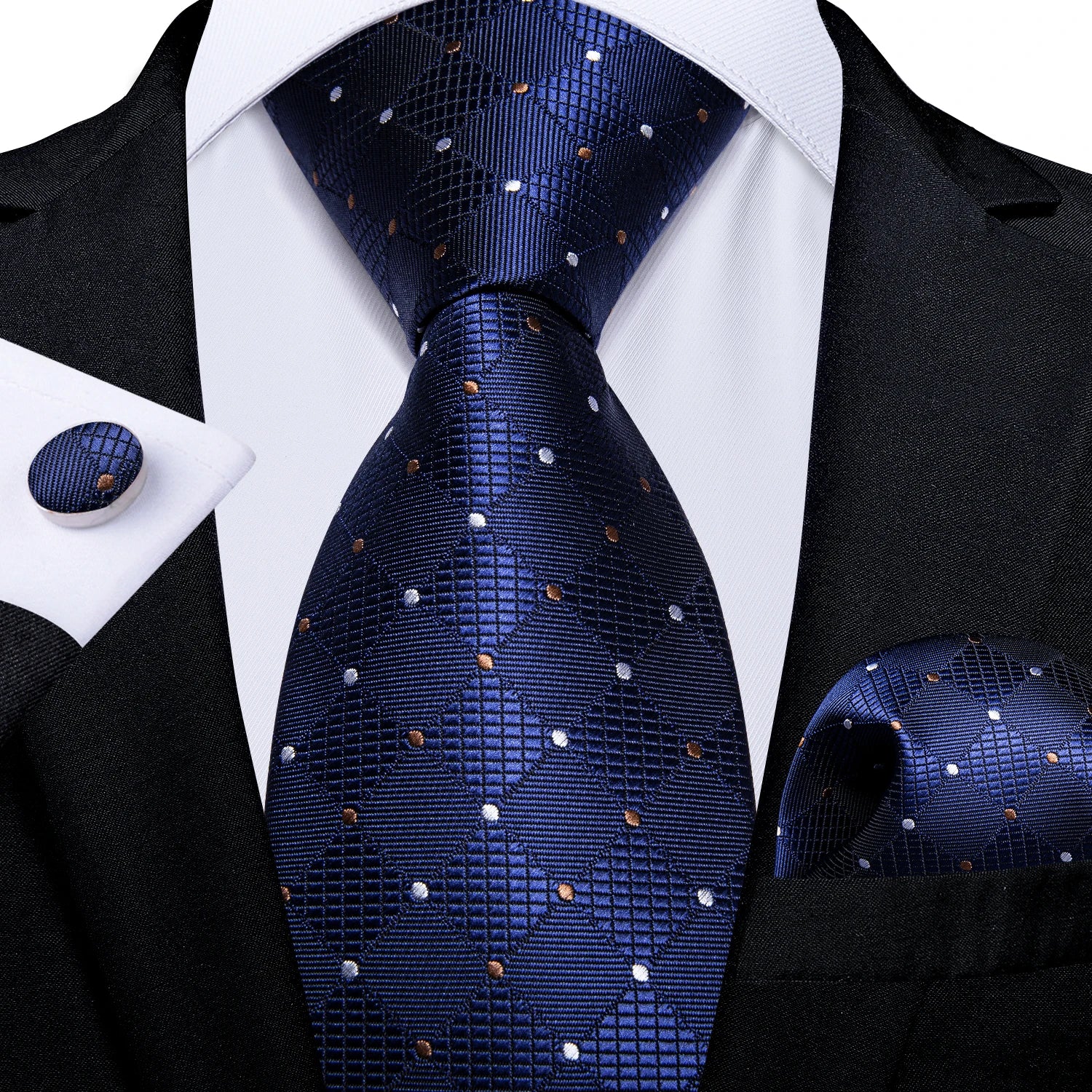 Luxury Blue Plaid Dot Ties For Men Solid Wedding Accessories Neck Tie Handkerchief Cufflinks Set Gravatas Mens Gift DiBanGu