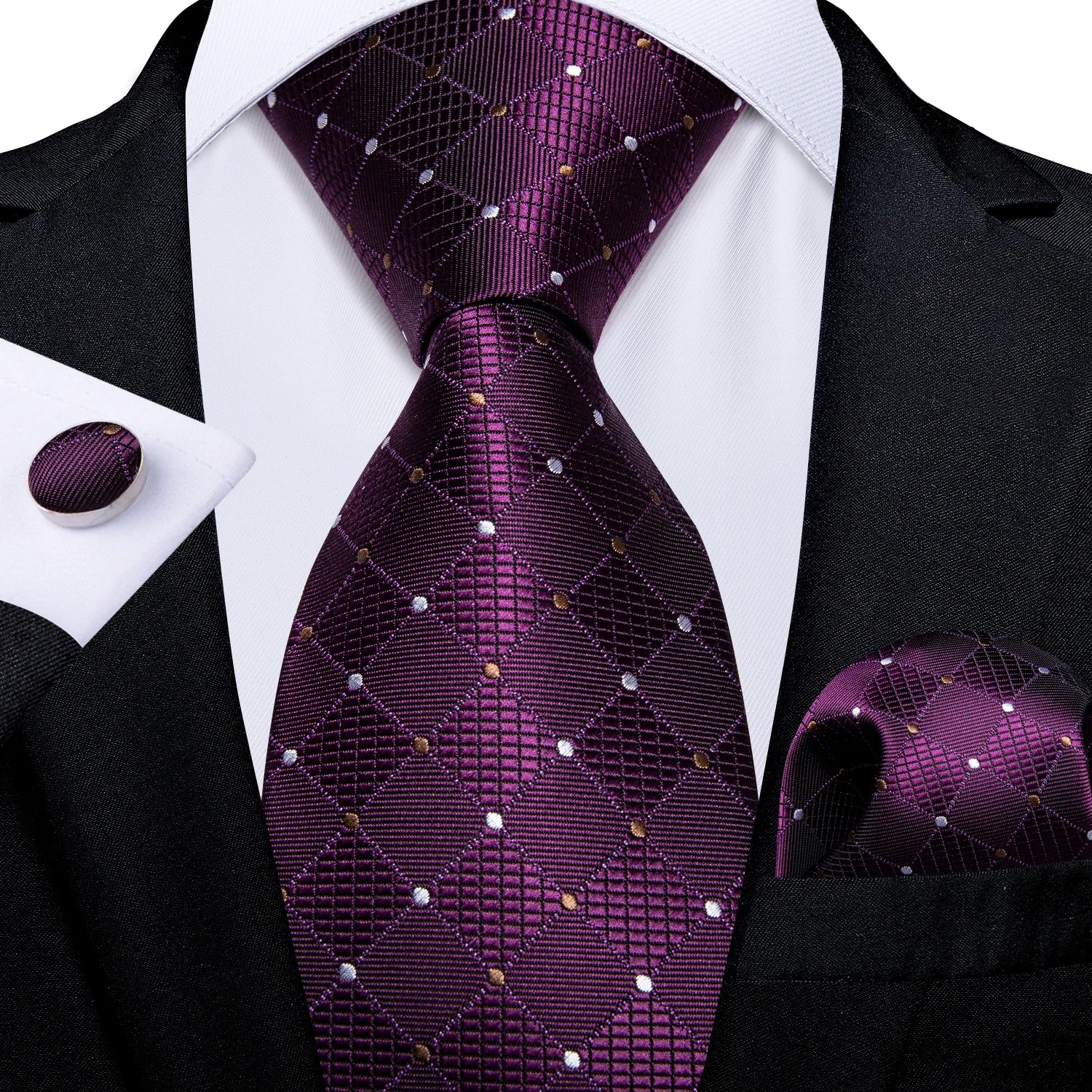 Luxury Blue Plaid Dot Ties For Men Solid Wedding Accessories Neck Tie Handkerchief Cufflinks Set Gravatas Mens Gift DiBanGu