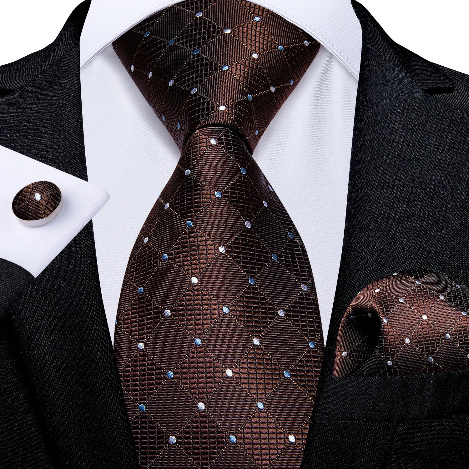 Luxury Blue Plaid Dot Ties For Men Solid Wedding Accessories Neck Tie Handkerchief Cufflinks Set Gravatas Mens Gift DiBanGu