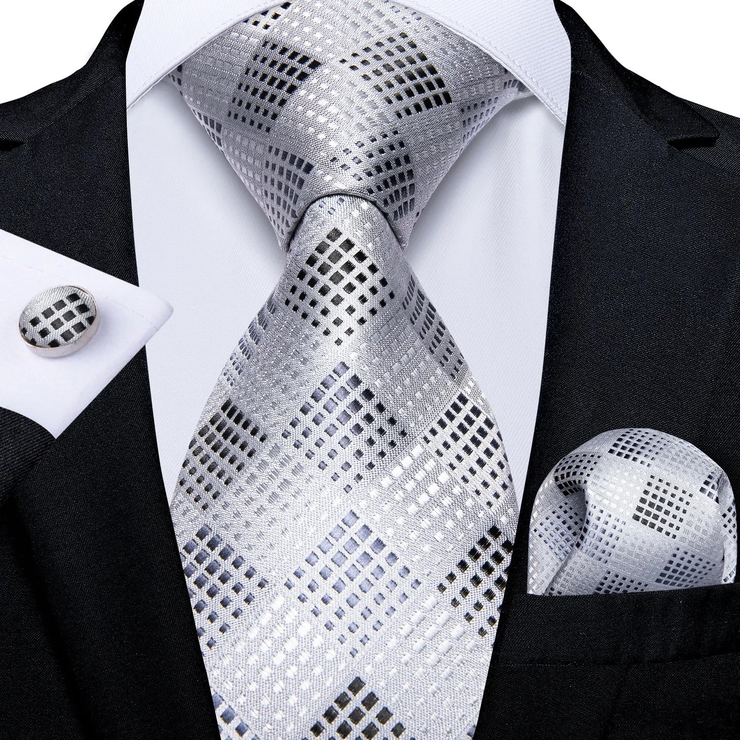 Luxury Blue Plaid Dot Ties For Men Solid Wedding Accessories Neck Tie Handkerchief Cufflinks Set Gravatas Mens Gift DiBanGu