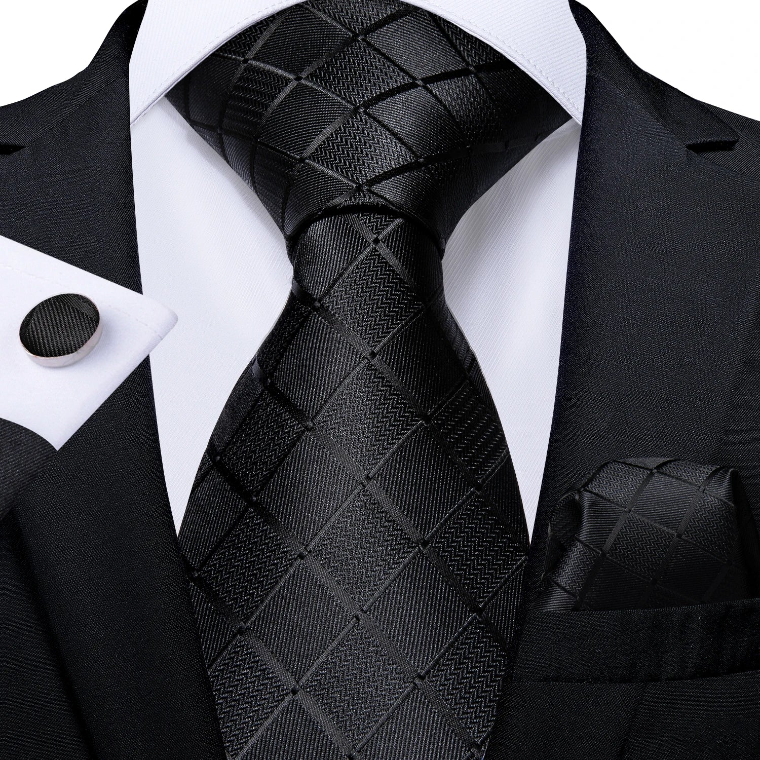 Luxury Blue Plaid Dot Ties For Men Solid Wedding Accessories Neck Tie Handkerchief Cufflinks Set Gravatas Mens Gift DiBanGu