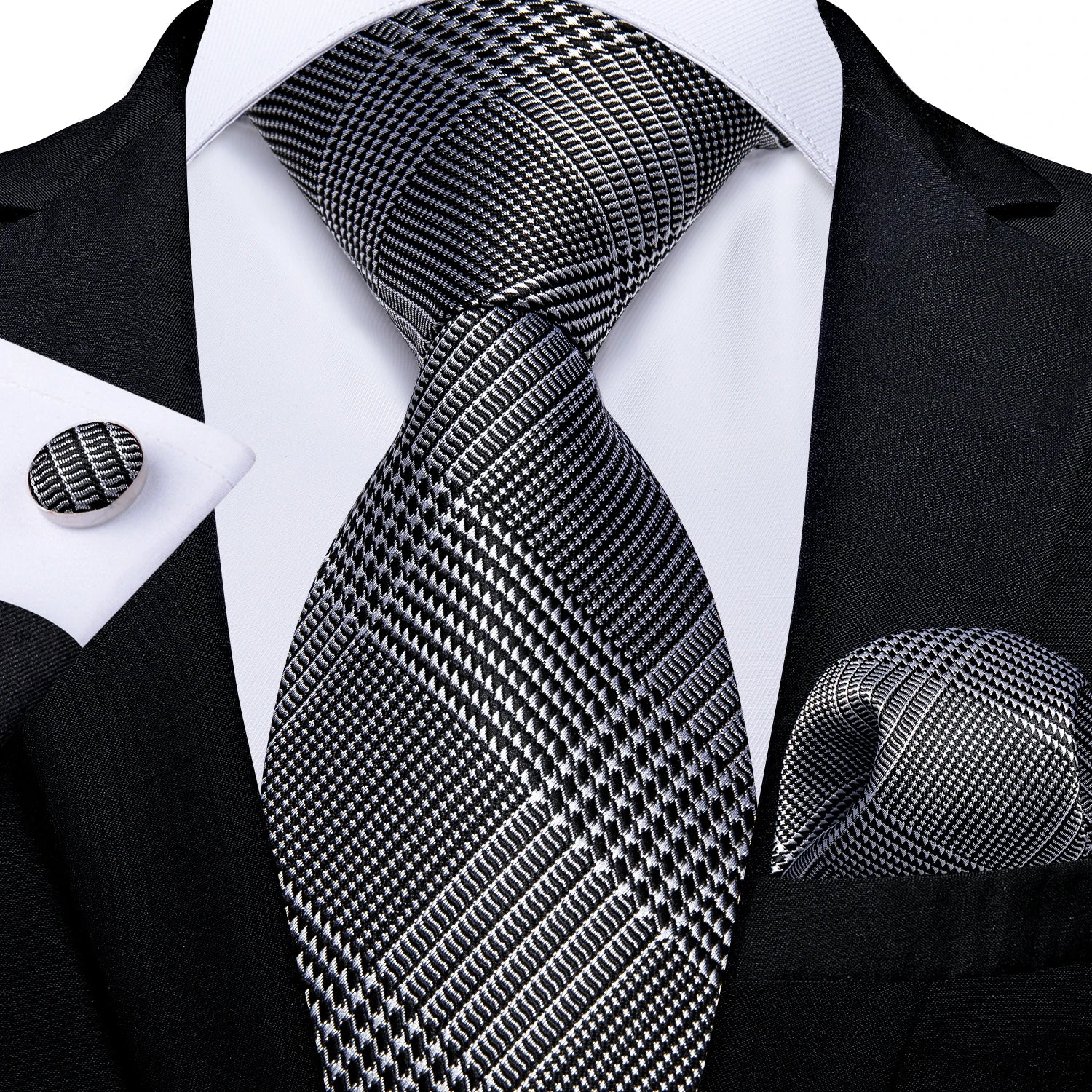 Luxury Blue Plaid Dot Ties For Men Solid Wedding Accessories Neck Tie Handkerchief Cufflinks Set Gravatas Mens Gift DiBanGu