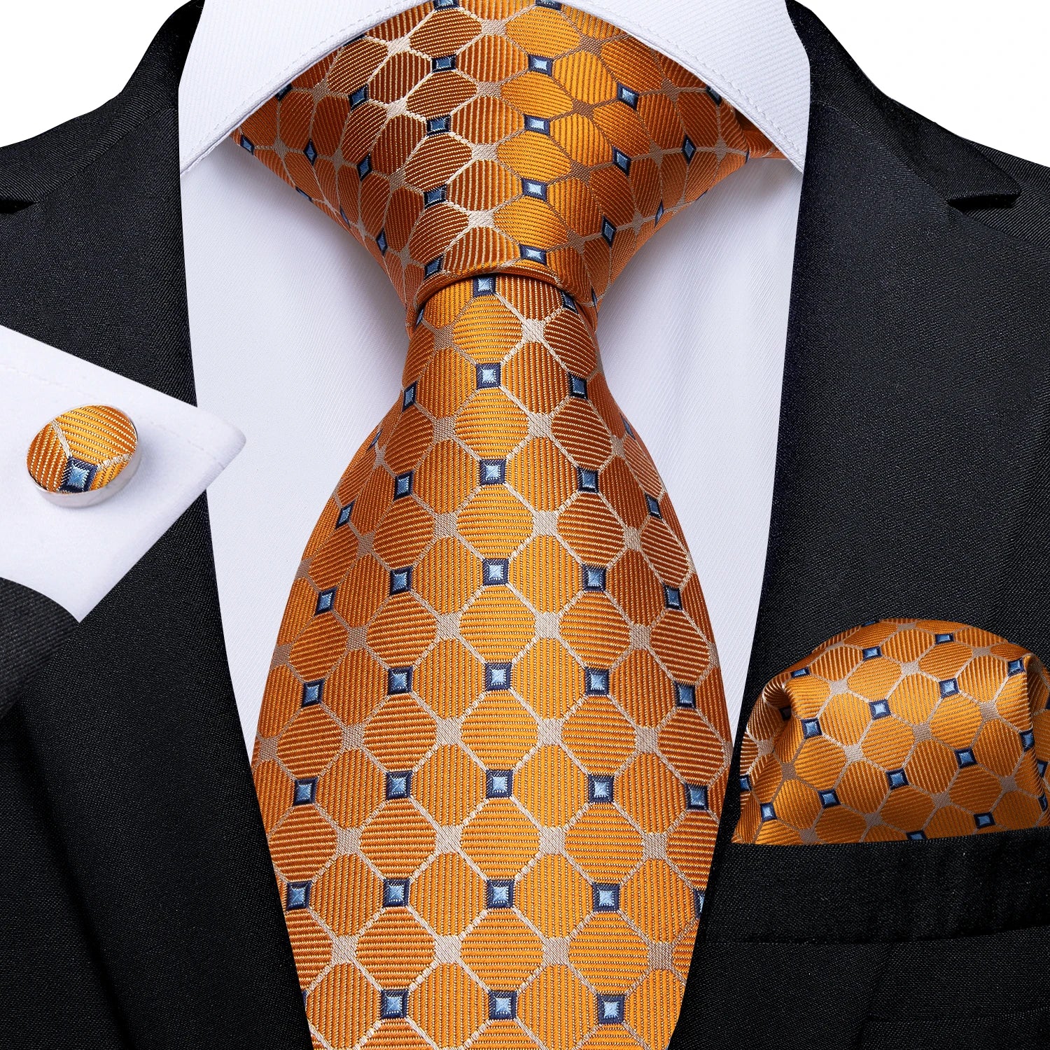 Luxury Blue Plaid Dot Ties For Men Solid Wedding Accessories Neck Tie Handkerchief Cufflinks Set Gravatas Mens Gift DiBanGu