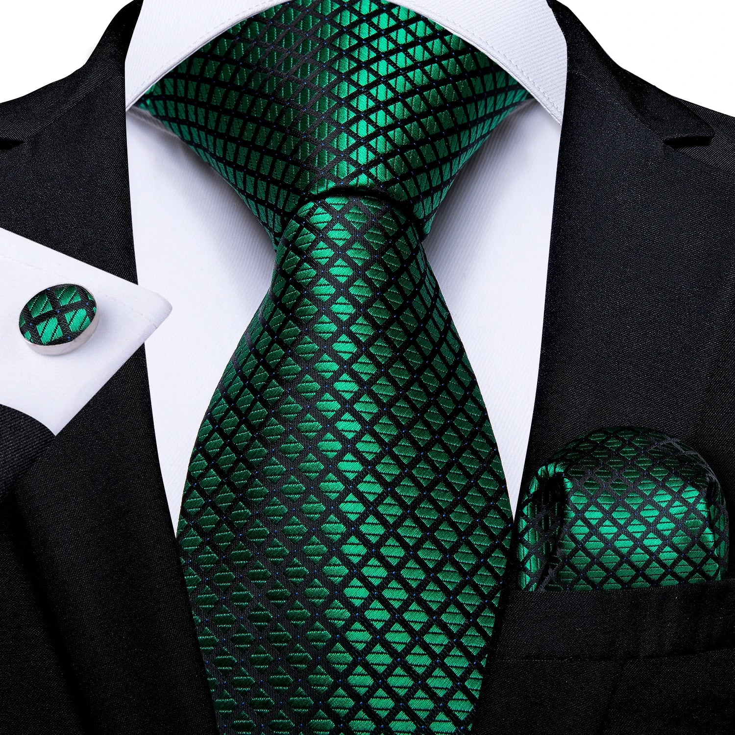 Luxury Blue Plaid Dot Ties For Men Solid Wedding Accessories Neck Tie Handkerchief Cufflinks Set Gravatas Mens Gift DiBanGu