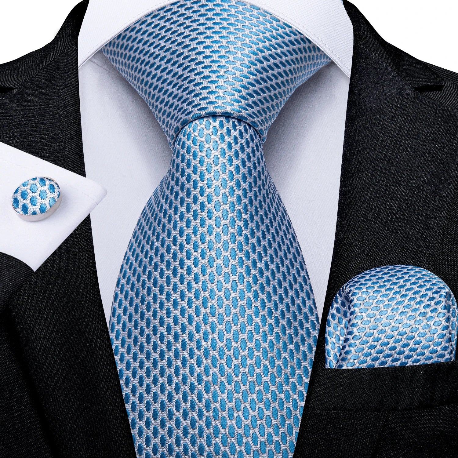 Luxury Blue Plaid Dot Ties For Men Solid Wedding Accessories Neck Tie Handkerchief Cufflinks Set Gravatas Mens Gift DiBanGu