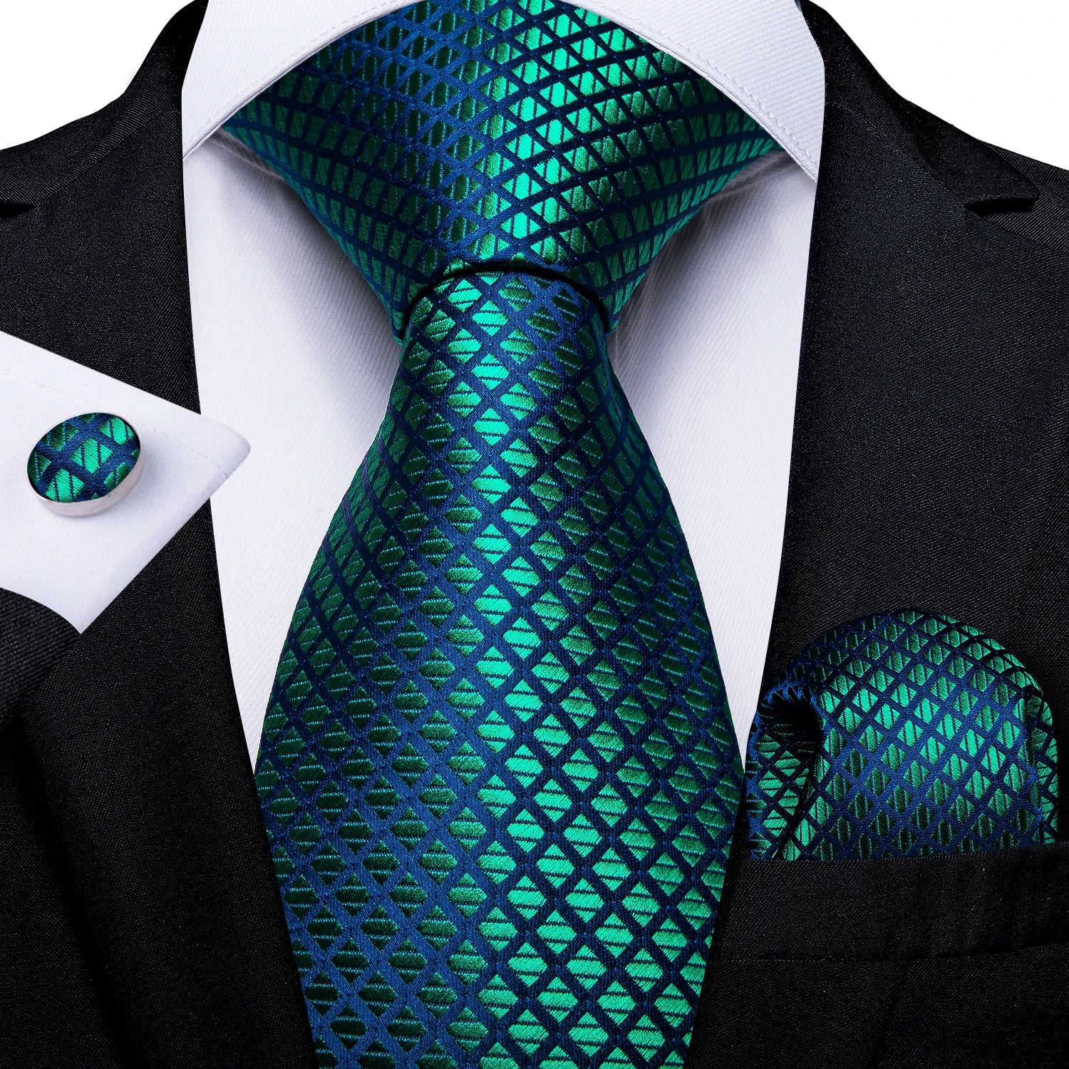 Luxury Blue Plaid Dot Ties For Men Solid Wedding Accessories Neck Tie Handkerchief Cufflinks Set Gravatas Mens Gift DiBanGu