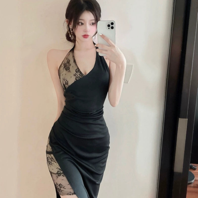 French Style Sexy Socialite Deep V-neck Low Cut Stylish Backless Lace Patchwork Slit Slim-Fitting Hip Bag Halterneck Dress