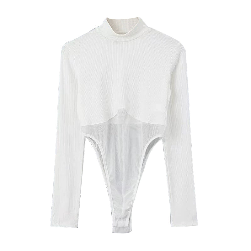 Small Turtleneck Patchwork T-shirt Sexy Long-Sleeved Top Mesh