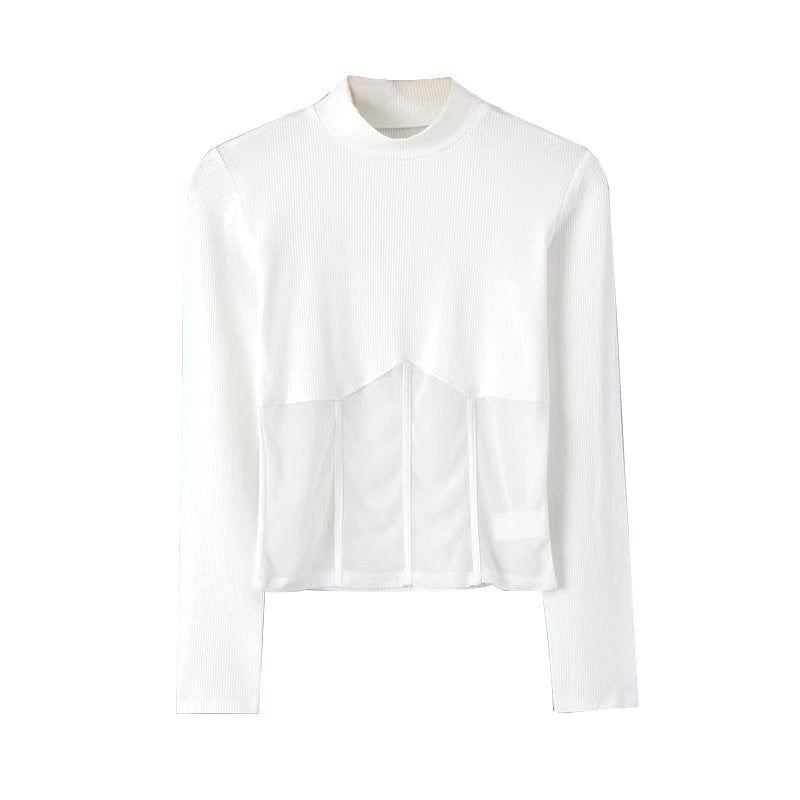 Small Turtleneck Patchwork T-shirt Sexy Long-Sleeved Top Mesh