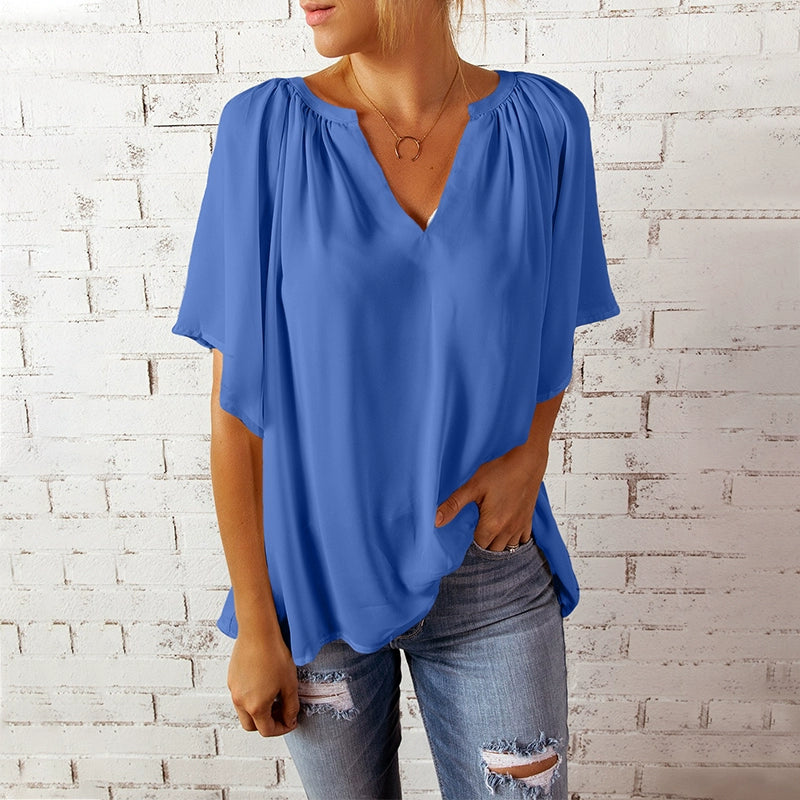 Half Sleeve Thin Fashion Loose Deep V Neck Tops T-shirt
