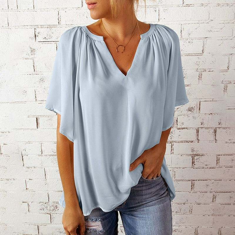 Half Sleeve Thin Fashion Loose Deep V Neck Tops T-shirt