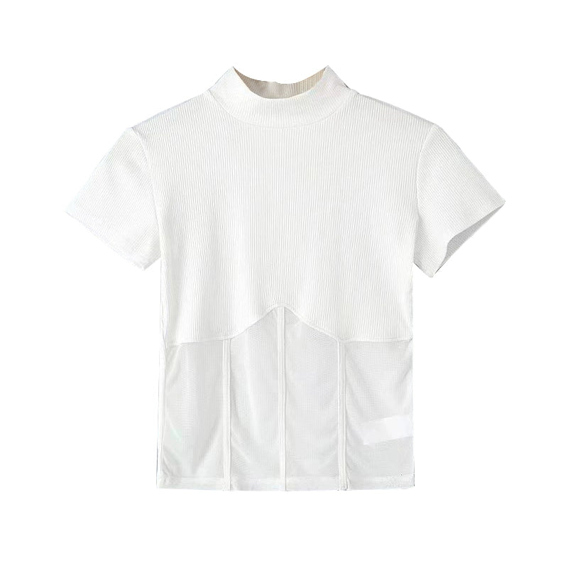 Small Turtleneck Patchwork T-shirt Sexy Long-Sleeved Top Mesh