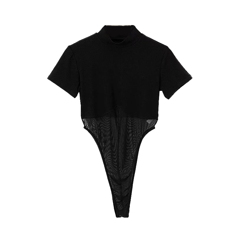Small Turtleneck Patchwork T-shirt Sexy Long-Sleeved Top Mesh
