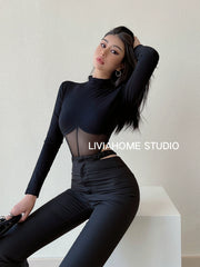 Small Turtleneck Patchwork T-shirt Sexy Long-Sleeved Top Mesh