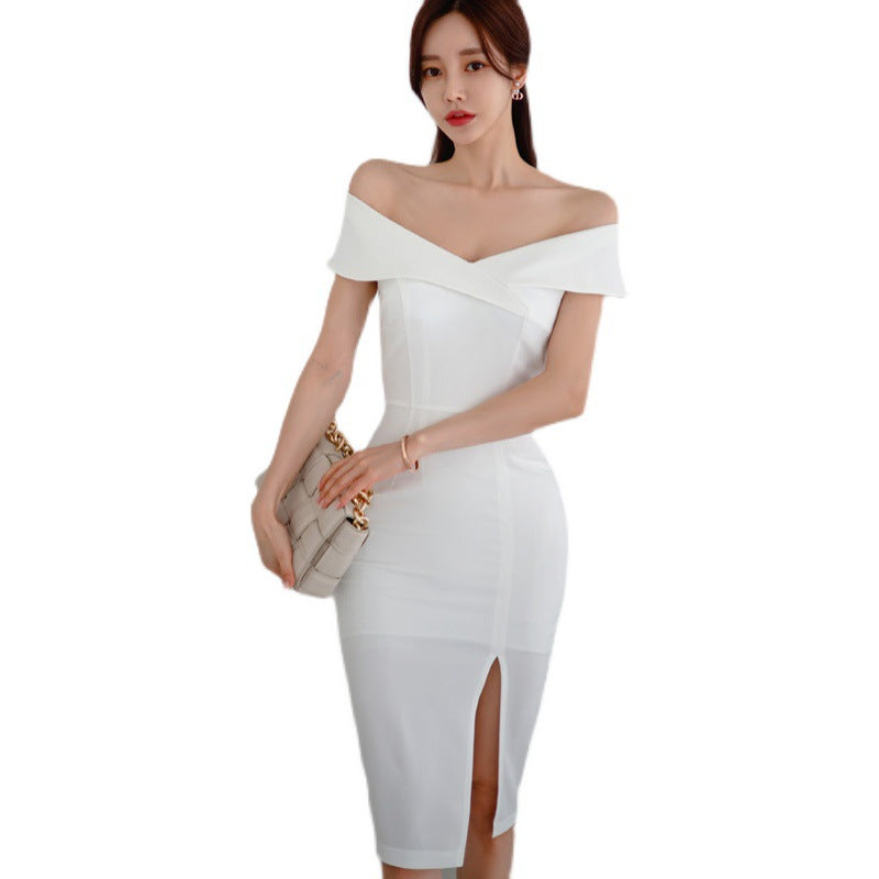 Foreign Trade Women's 2023 Korean Style Summer Dress New Style Private Dress Socialite Sexy One-Shoulder Collar Slim-Fit Hip Dress