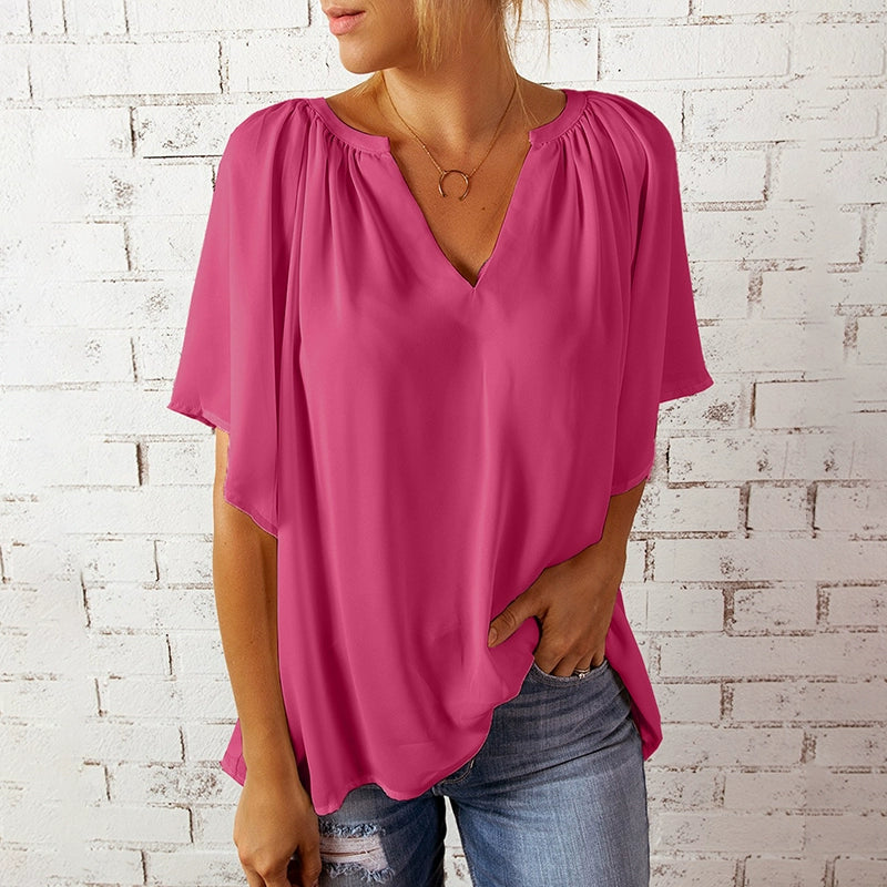 Half Sleeve Thin Fashion Loose Deep V Neck Tops T-shirt