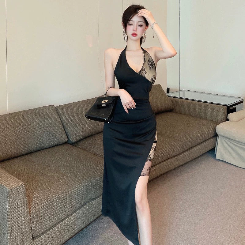 French Style Sexy Socialite Deep V-neck Low Cut Stylish Backless Lace Patchwork Slit Slim-Fitting Hip Bag Halterneck Dress