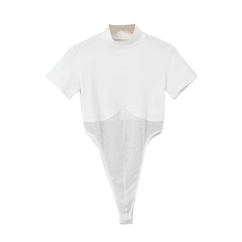 Small Turtleneck Patchwork T-shirt Sexy Long-Sleeved Top Mesh