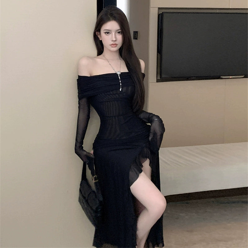 Adult Lady like Woman Style off-Shoulder Dress Slit Black Mesh