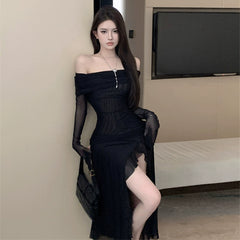 Adult Lady like Woman Style off-Shoulder Dress Slit Black Mesh