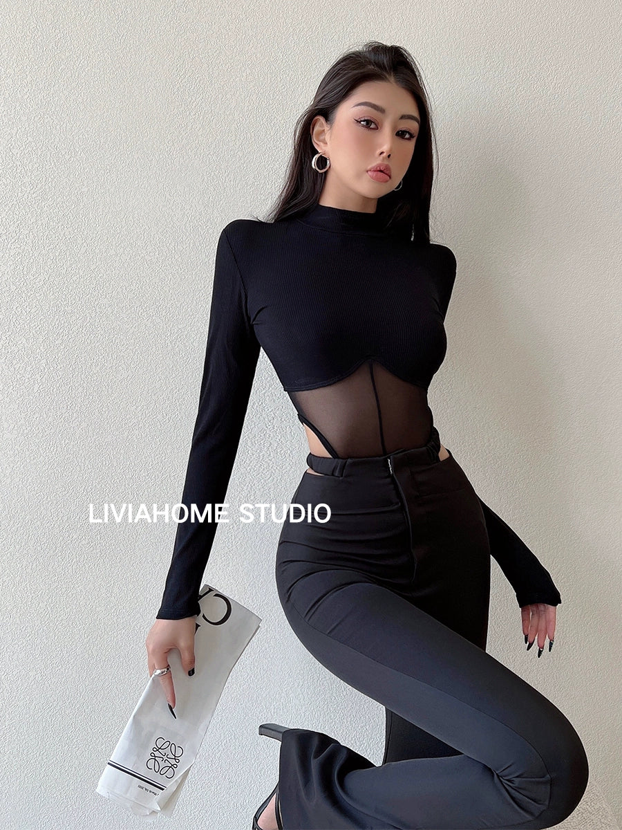 Small Turtleneck Patchwork T-shirt Sexy Long-Sleeved Top Mesh