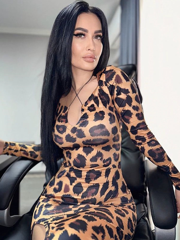 Ahagaga Fashion Style Fashion Leopard Print Print Long Sleeves Bodycon Dress Sexy Cutout Split Tight Dress Women