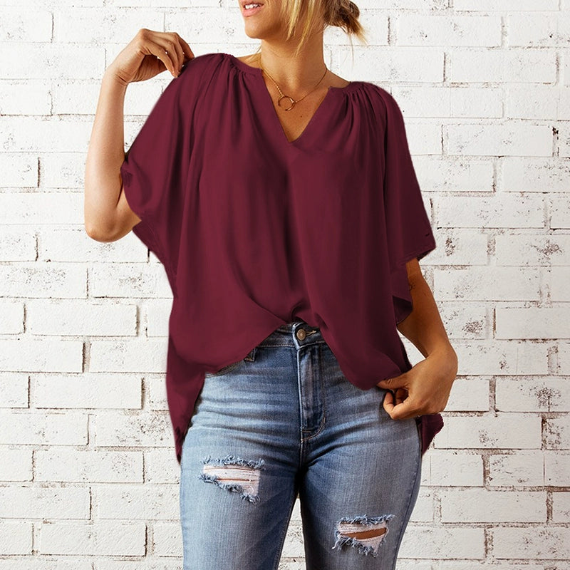 Half Sleeve Thin Fashion Loose Deep V Neck Tops T-shirt